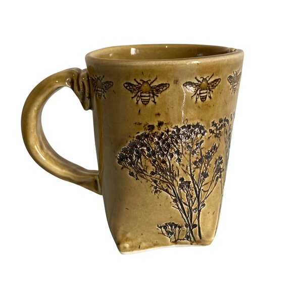 Colleen Deiss Mustard Yellow Slab Built Mug With Bees And Wildflower Design - Picture 2 of 8